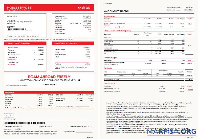 Realistic India airtel utility bill template in Word and PDF formats, 2 pages